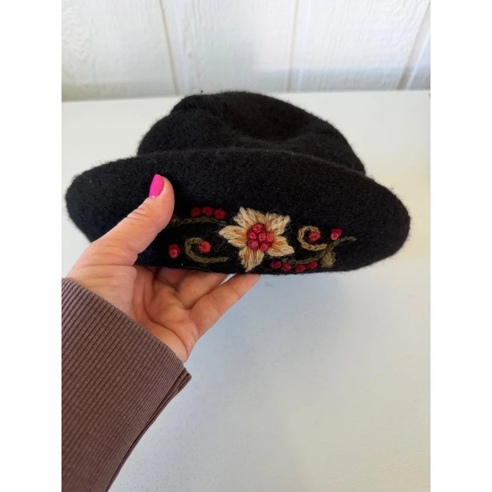 Icelandic Design Black Boiled Wool Cloche Hat Floral Embroidered Winter Bucket